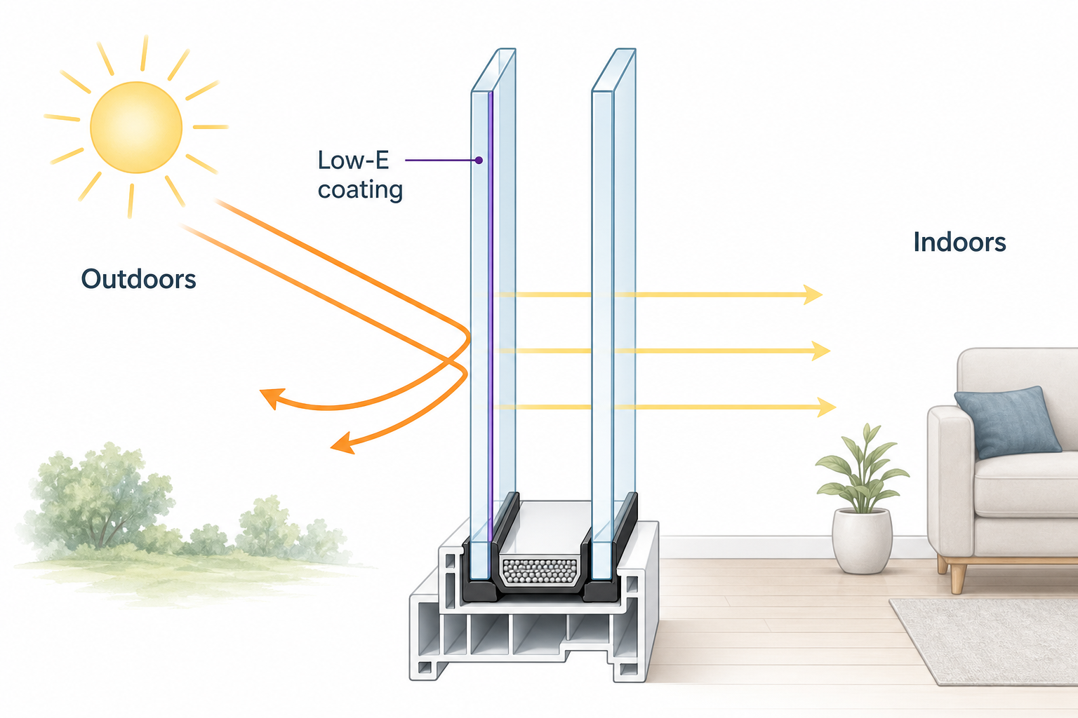 Conceptual illustration of solar-control Low-E glazing managing incoming heat and daylight.