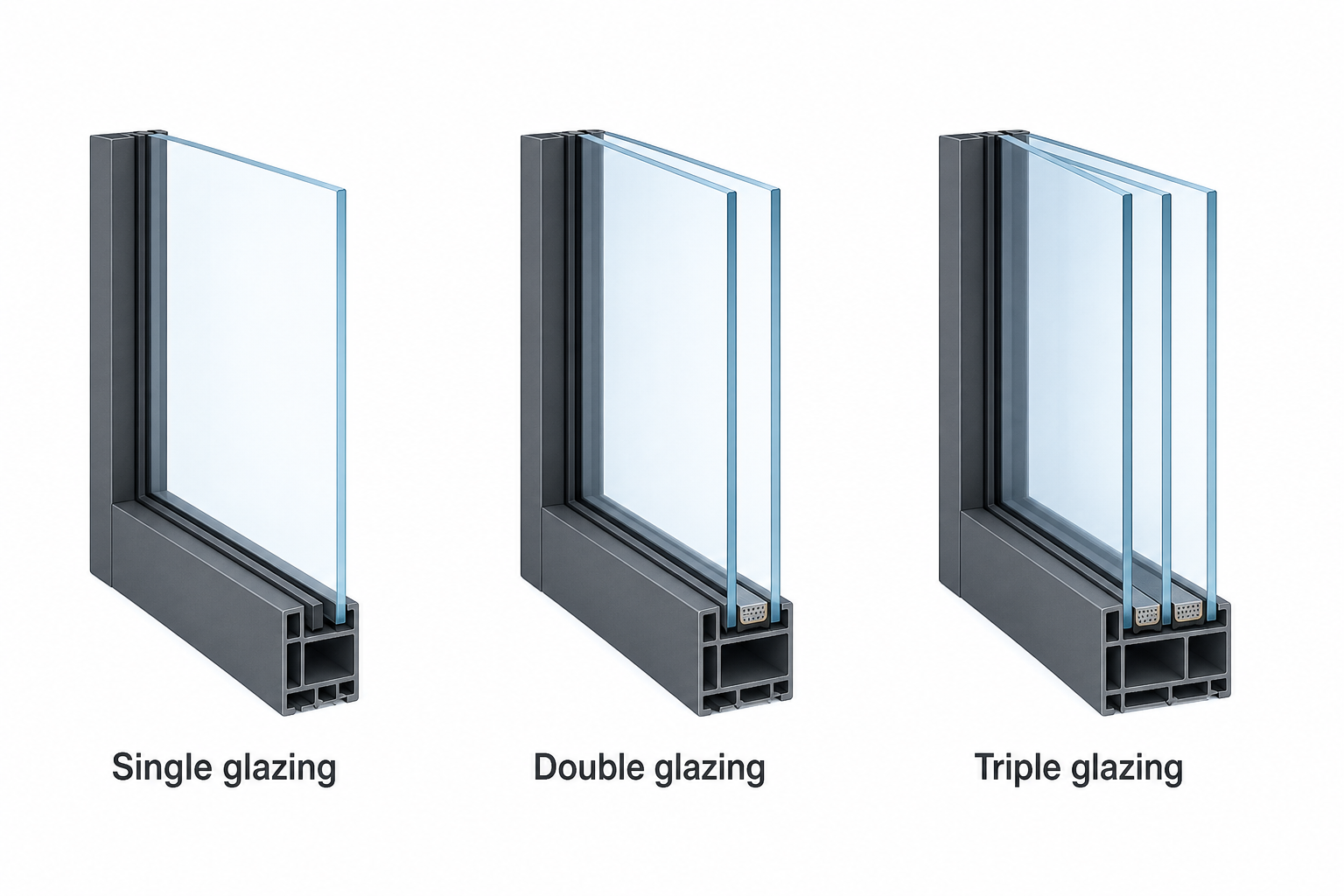 Conceptual comparison of single, double, and triple window glazing.